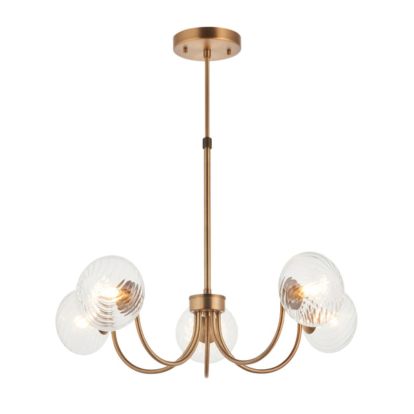 Bronze chandelier with five clear, textured glass globes, each containing an illuminated bulb. 