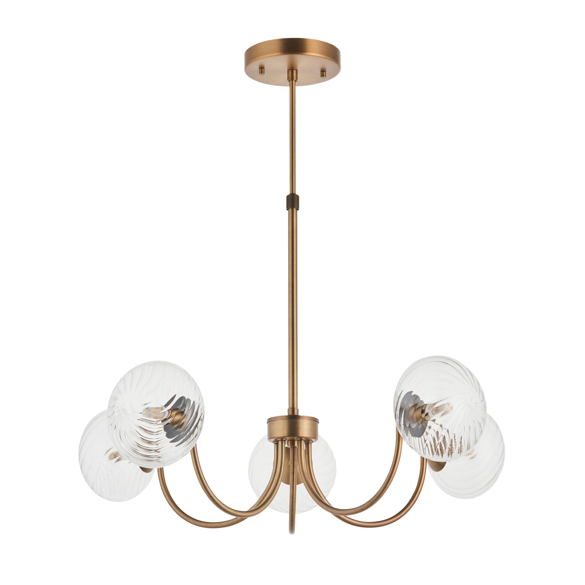 Bronze chandelier with five clear, textured glass globes, each containing a small light bulb. It hangs from a rod.