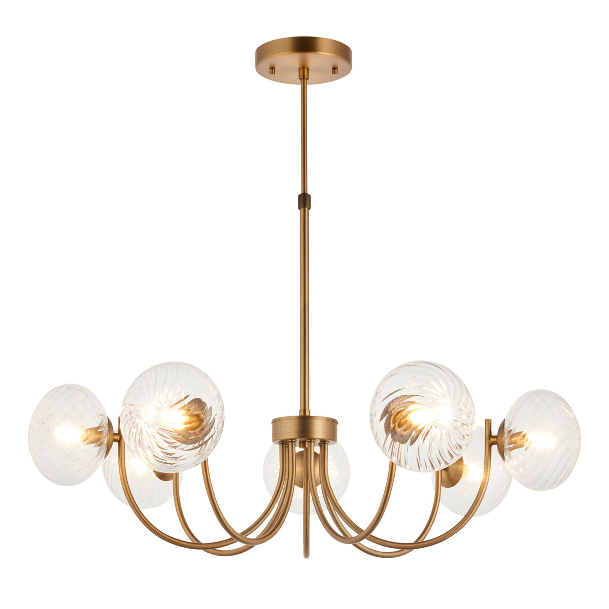 A gold chandelier with six clear, textured glass globes, each illuminated, on a white background.