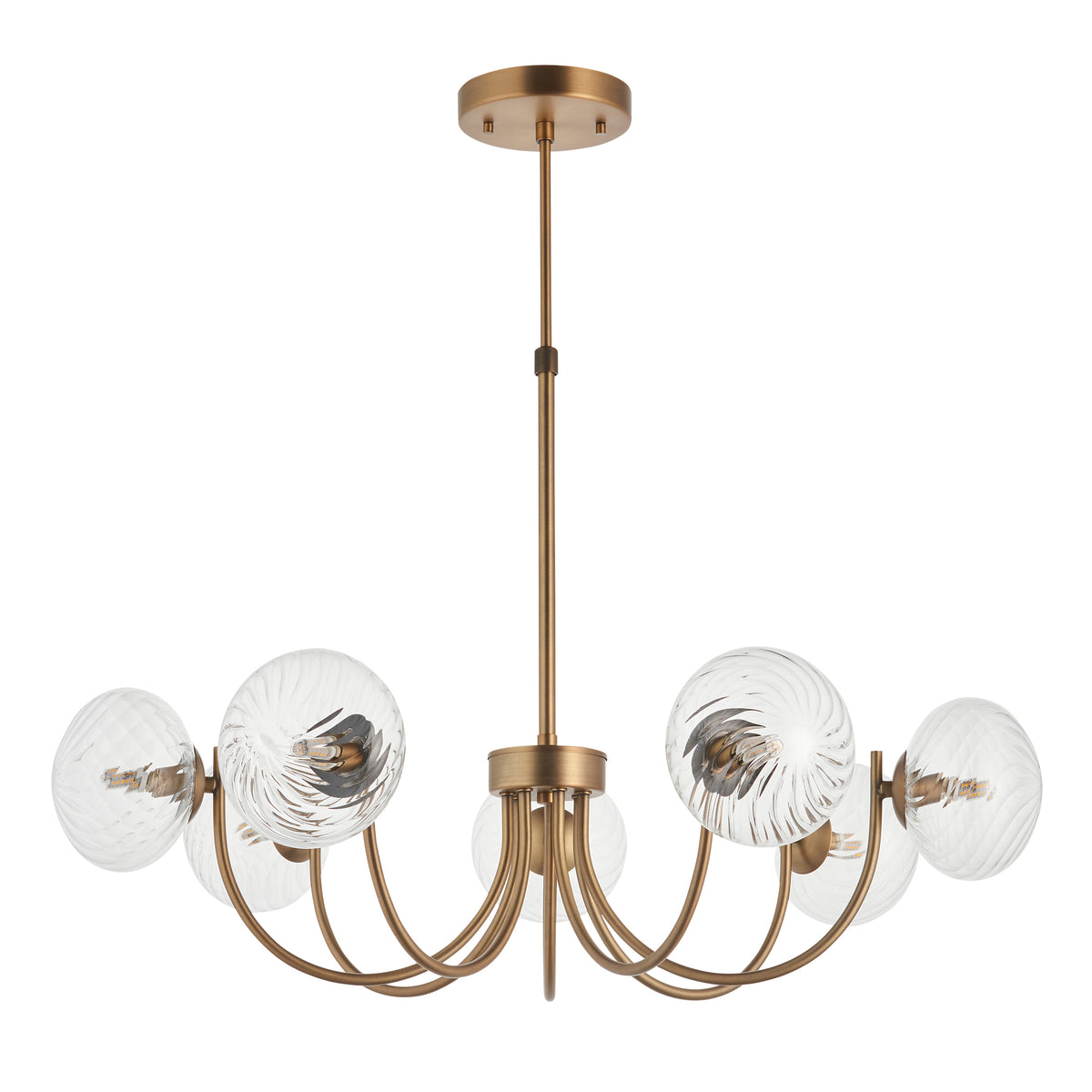 A gold chandelier with six clear, textured glass globes, each containing a light bulb, on a white background.