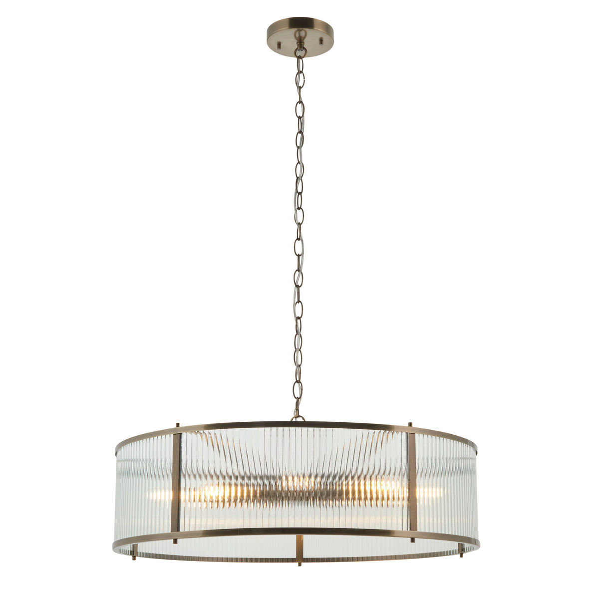 A bronze chandelier with a fluted glass drum shade, hanging from a chain.