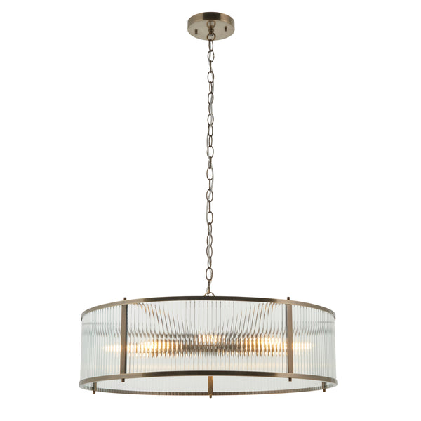 A bronze chandelier with a fluted glass drum shade, hanging from a chain.