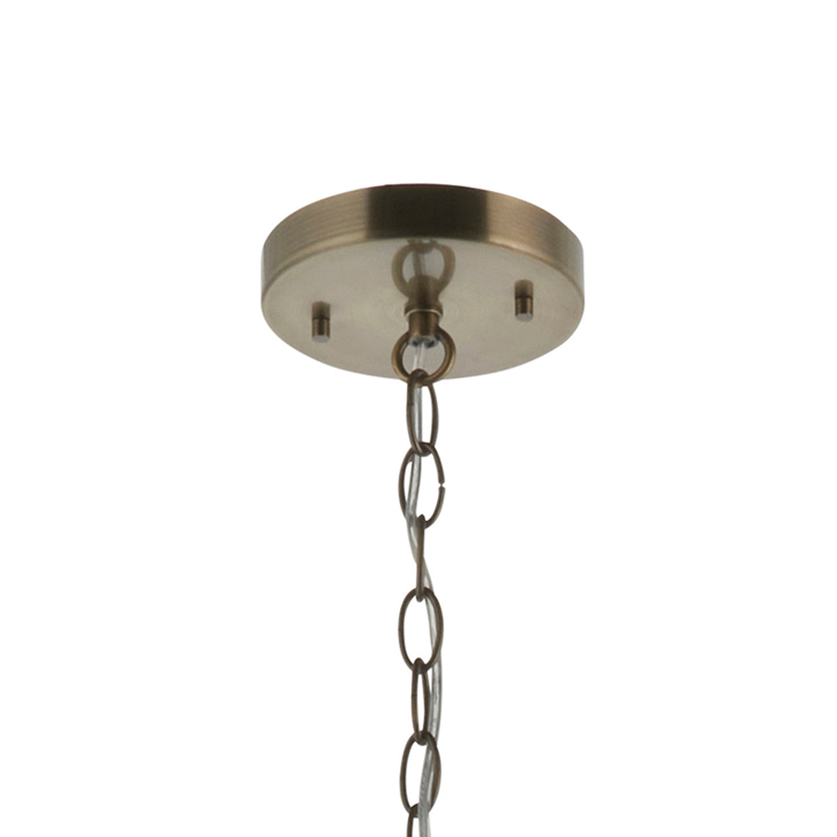 Close-up of a bronze ceiling plate with a chain hanging down, against a white background.