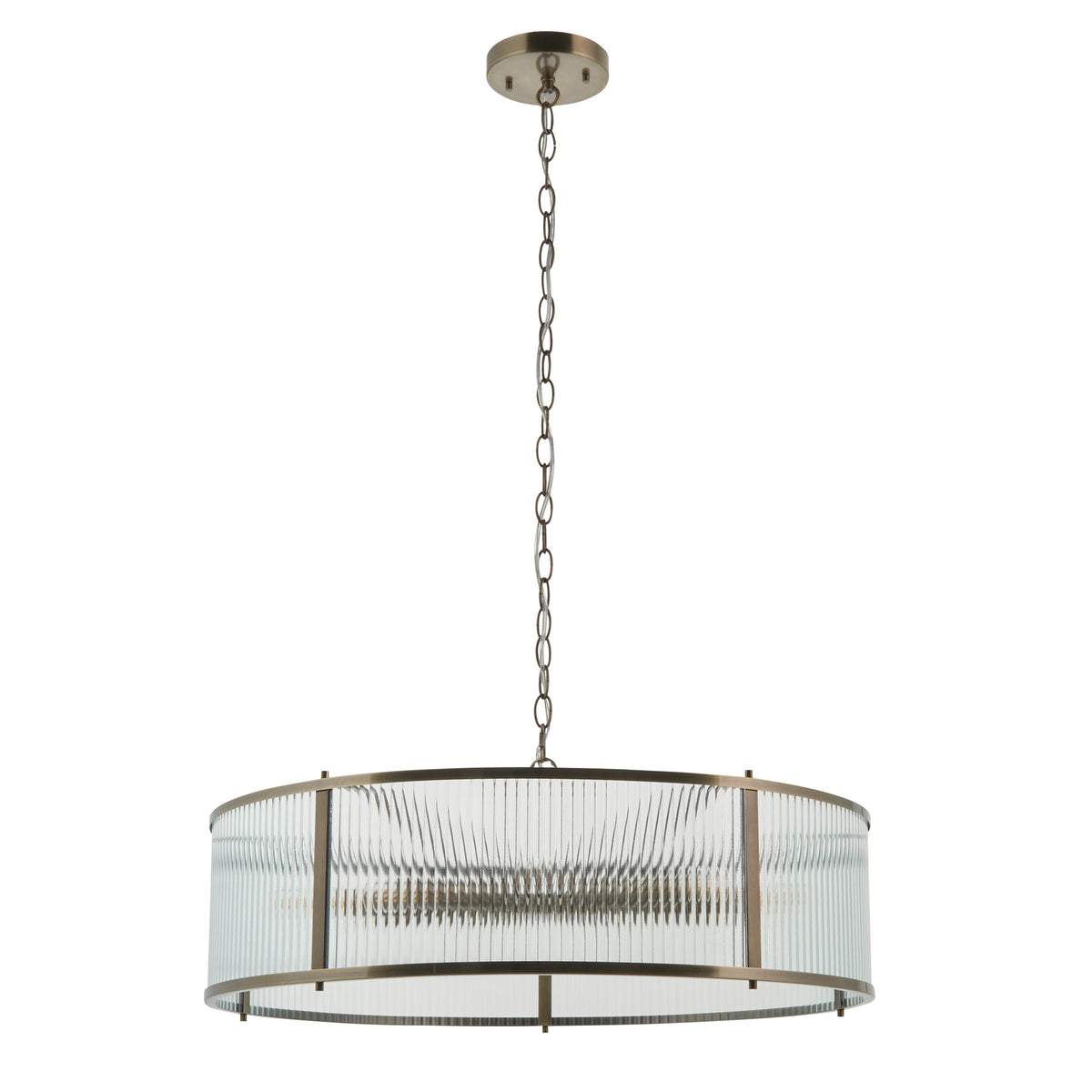 Round chandelier with ribbed glass shade and bronze finish, hanging from a chain.