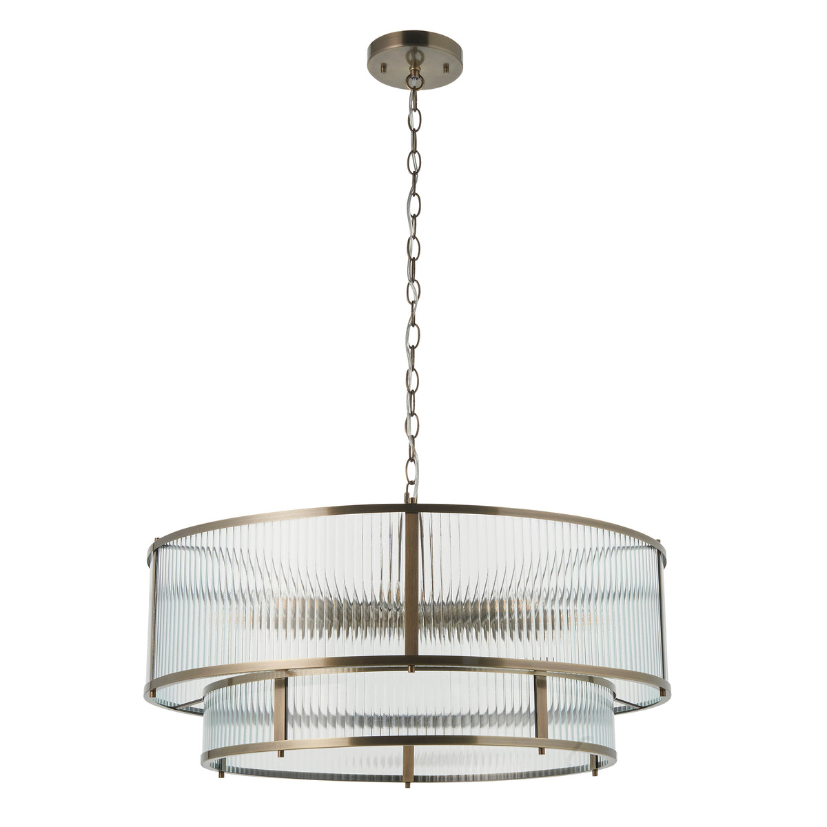Two-tier chandelier with ribbed glass shades and an antique brass finish. It hangs from a chain.