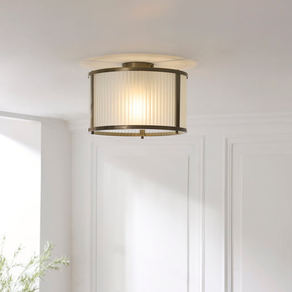 Ridgeton Flush Ceiling Light in Antique Brass & Frosted Ribbed Glass