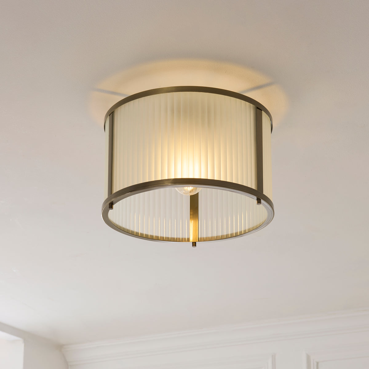 Ridgeton Flush Ceiling Light in Antique Brass & Frosted Ribbed Glass
