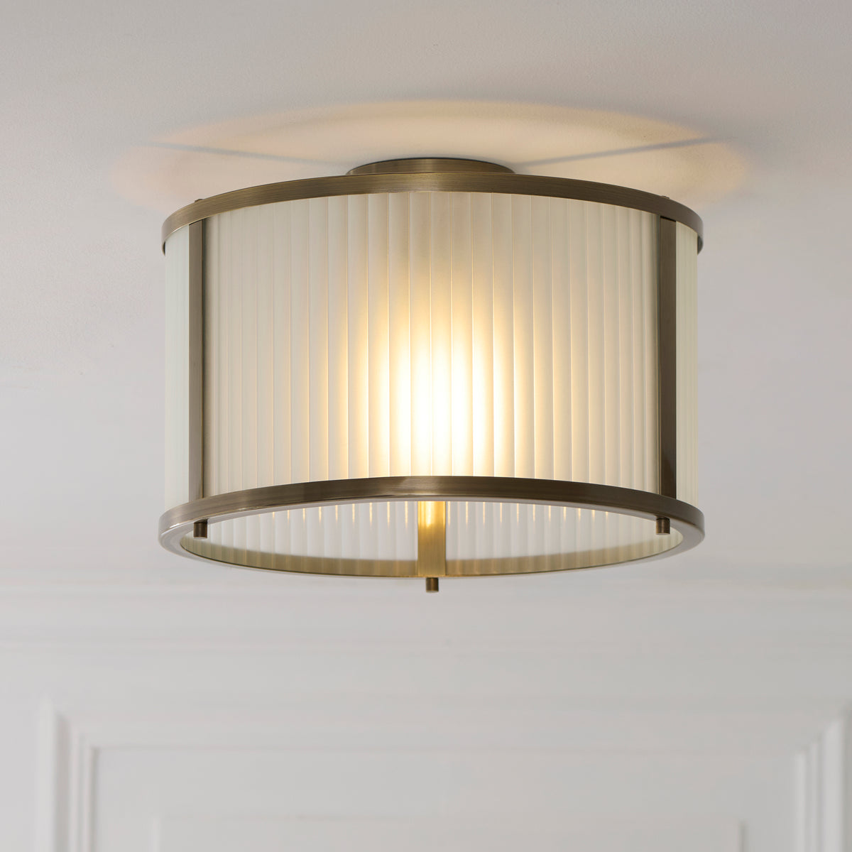Ridgeton Flush Ceiling Light in Antique Brass & Frosted Ribbed Glass