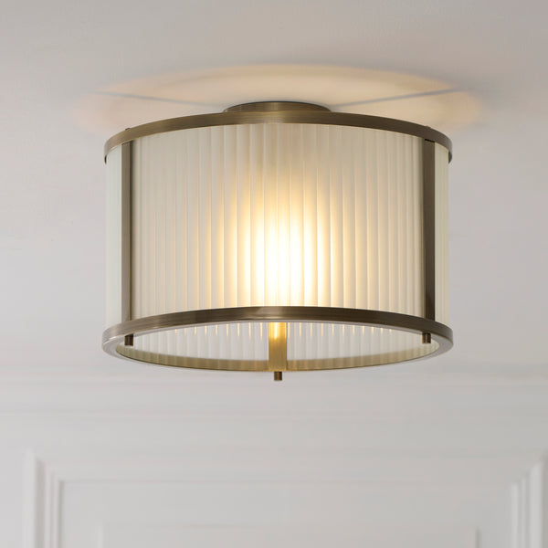 Ridgeton Flush Ceiling Light in Antique Brass & Frosted Ribbed Glass