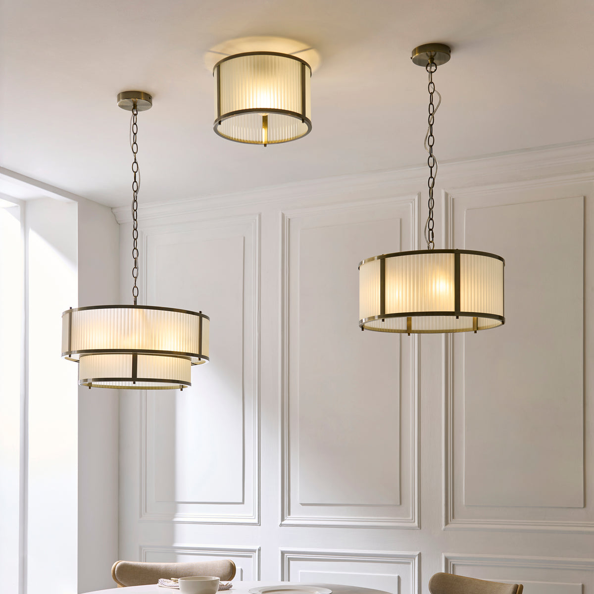Ridgeton Pendant Light in Antique Brass & Frosted Ribbed Glass