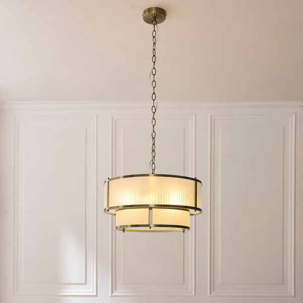 Ridgeton Double Tier Pendant Light in Antique Brass & Frosted Ribbed Glass