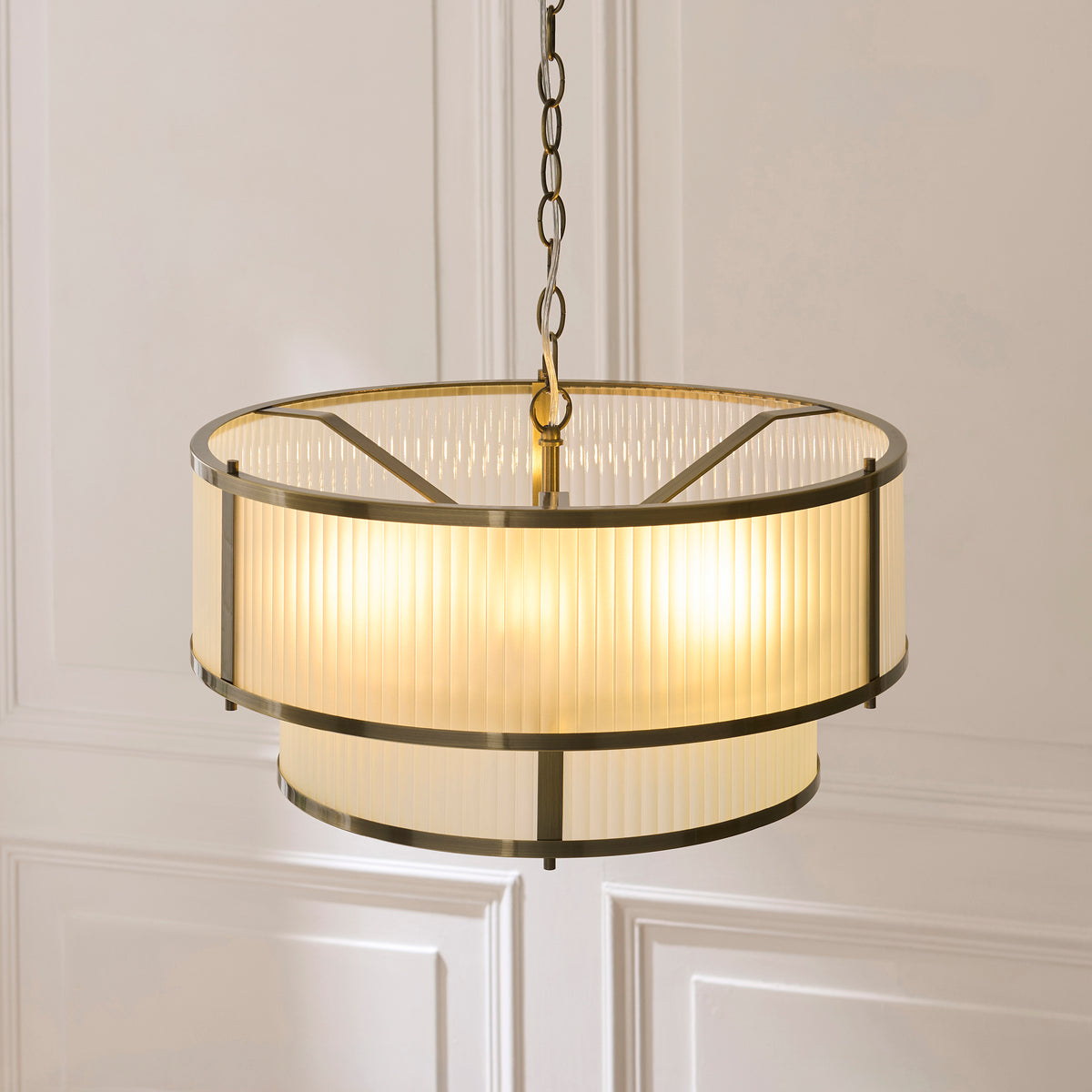 Ridgeton Double Tier Pendant Light in Antique Brass & Frosted Ribbed Glass