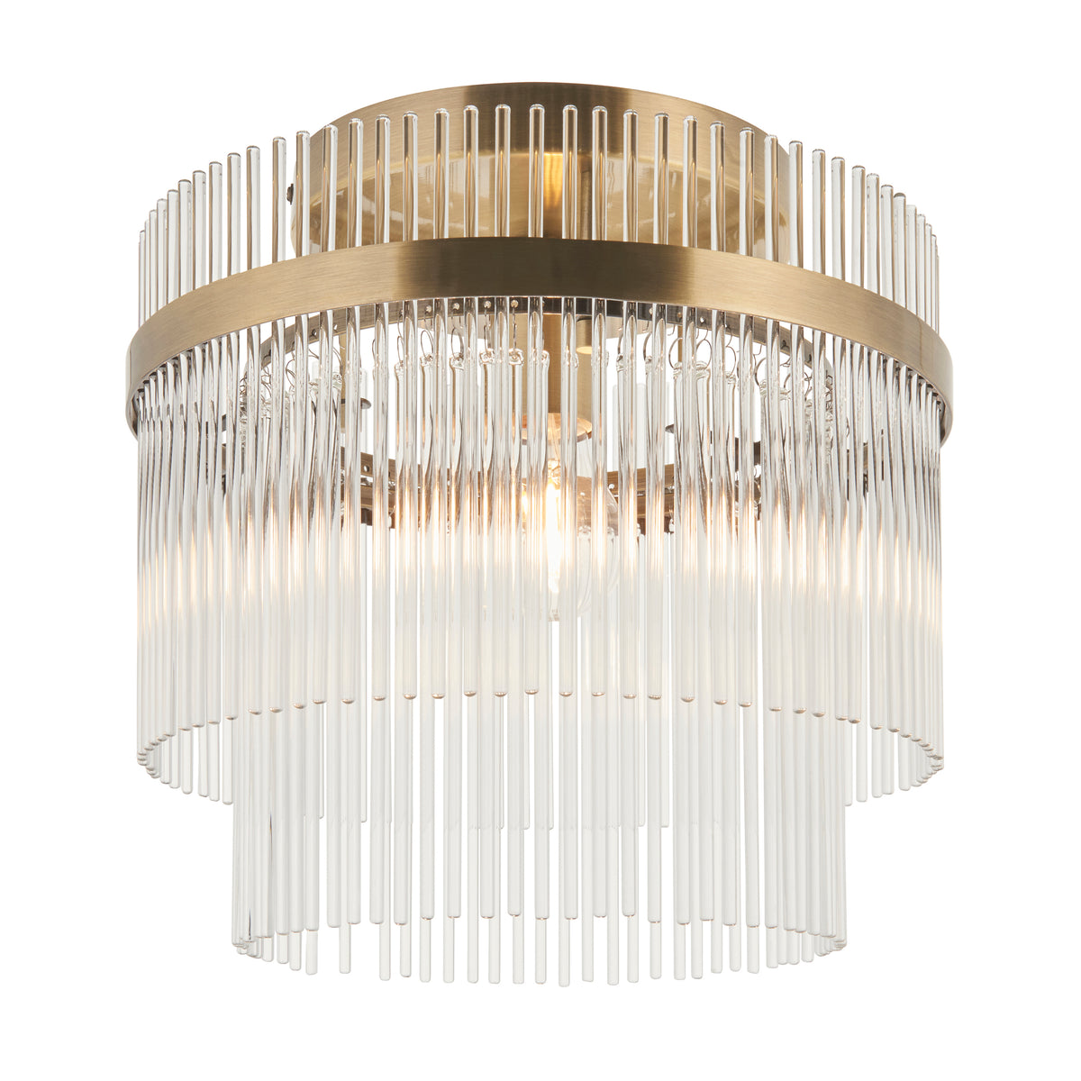 A gold and glass chandelier with two tiers of glass rods and a lightbulb in the center.