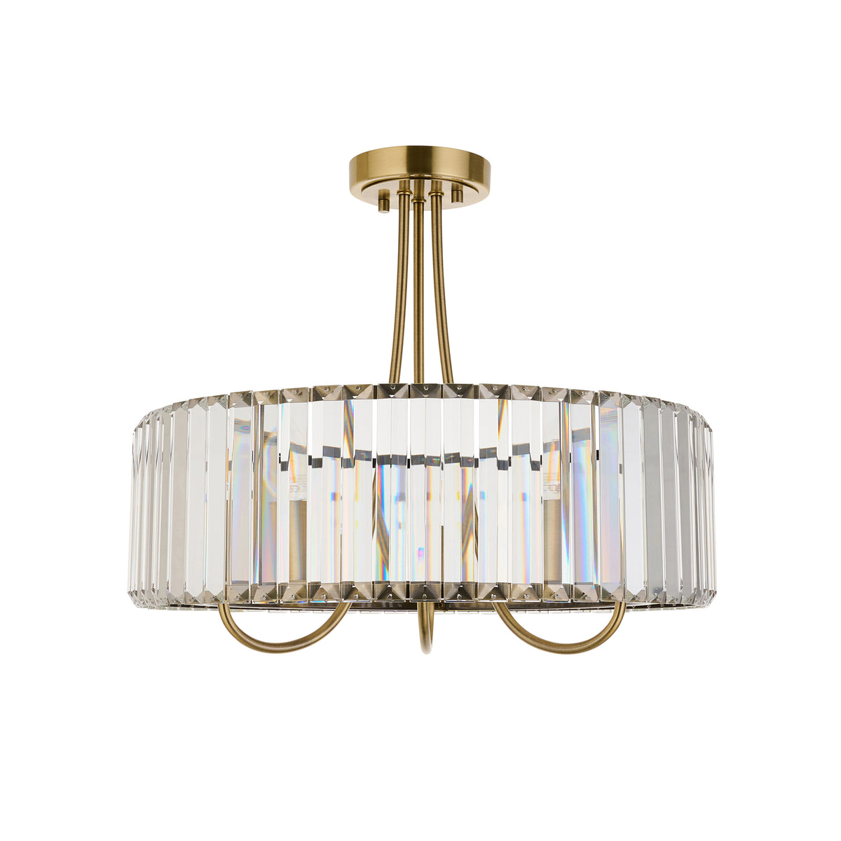 Round brass chandelier with a band of clear, rectangular crystal prisms, on a white background.