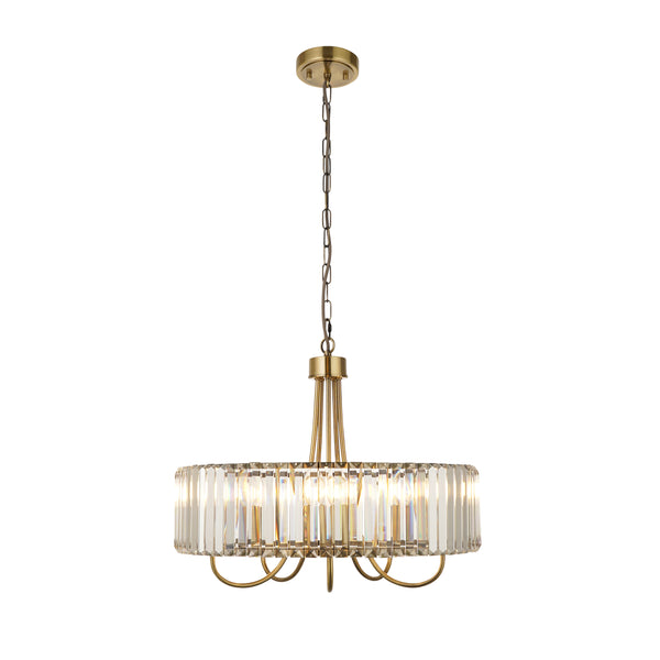 A brass chandelier with a circular band of clear, rectangular crystal prisms, hanging from a chain.