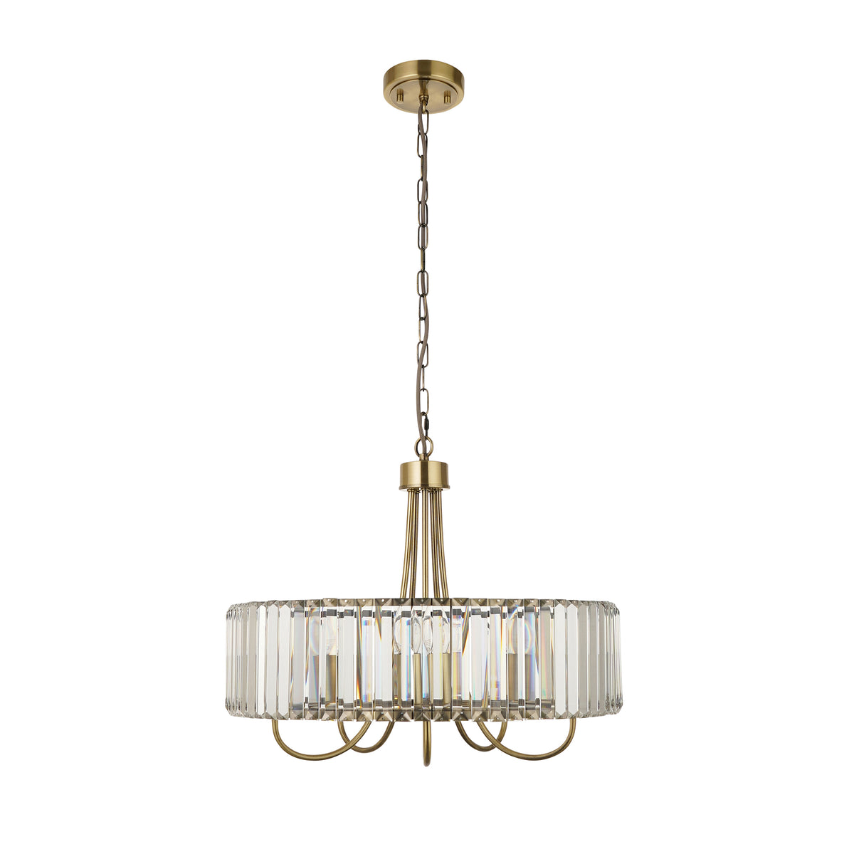 Round brass chandelier with a crystal band and five lights.