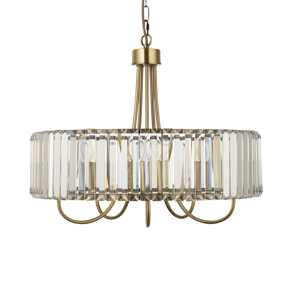 A round chandelier with clear crystal rods and a brass frame, hanging from a chain.