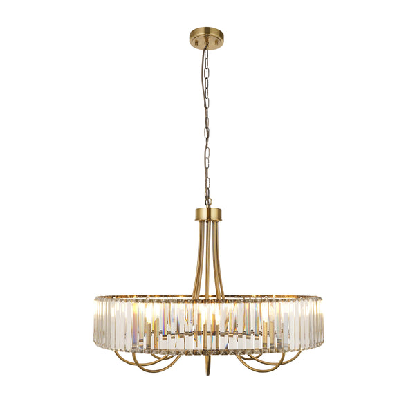 Round brass chandelier with clear rectangular crystal accents, hanging from a chain.