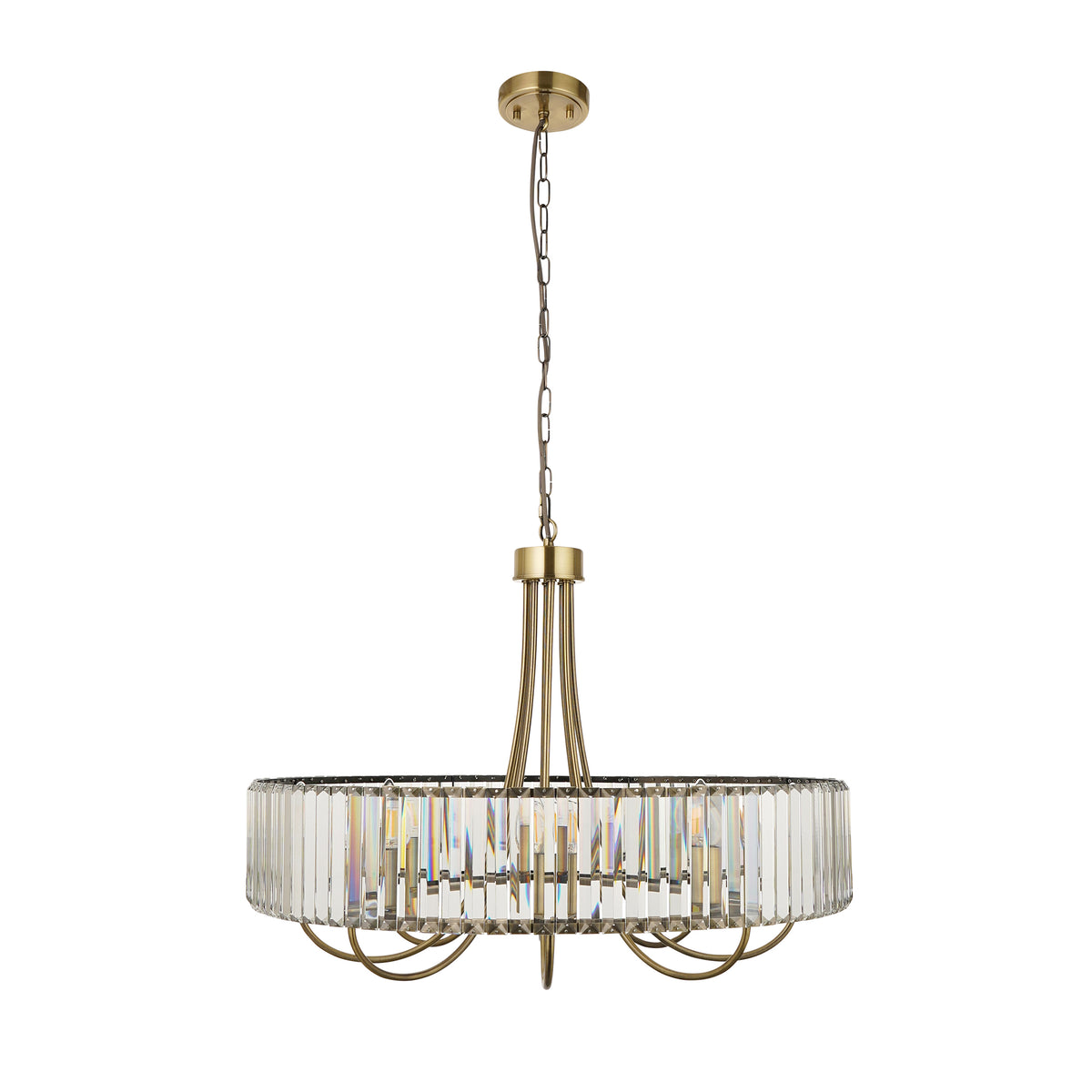 Round brass chandelier with a band of vertical clear crystal prisms around the circumference.