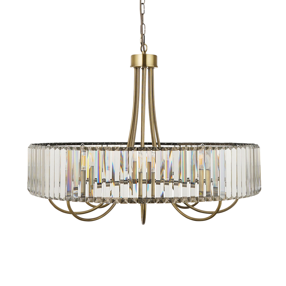 Round crystal chandelier with antique brass finish and exposed bulbs.
