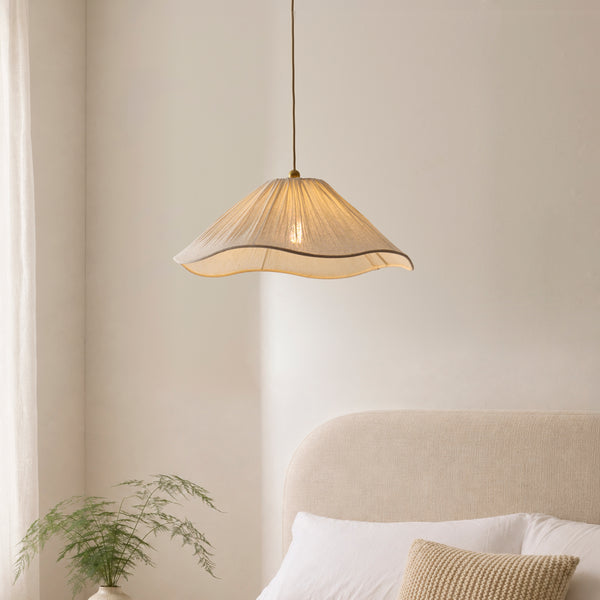 Isabella Pendant in Brushed Aged Brass with Flowing Vintage White Fabric Shade