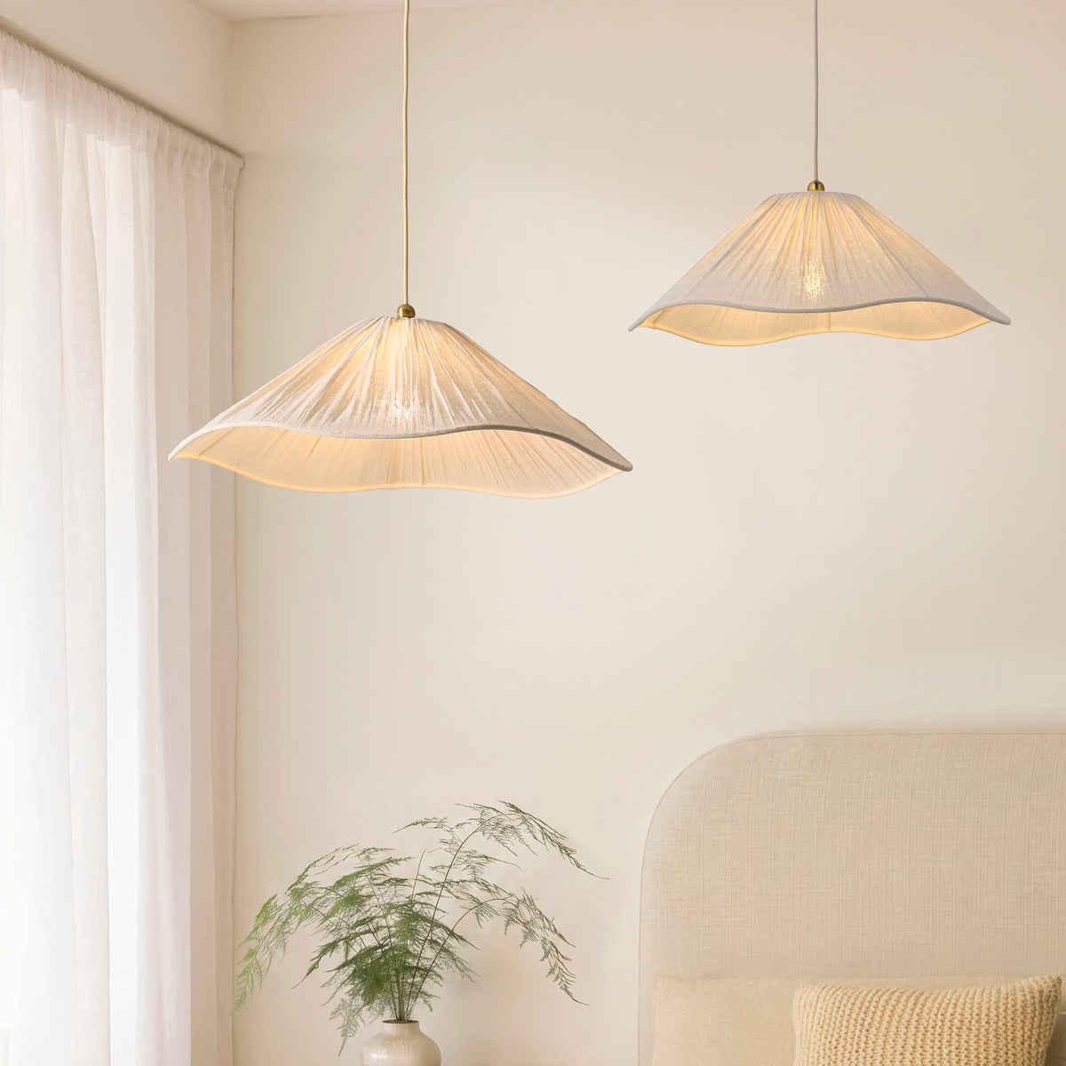 Isabella Pendant in Brushed Aged Brass with Flowing Vintage White Fabric Shade