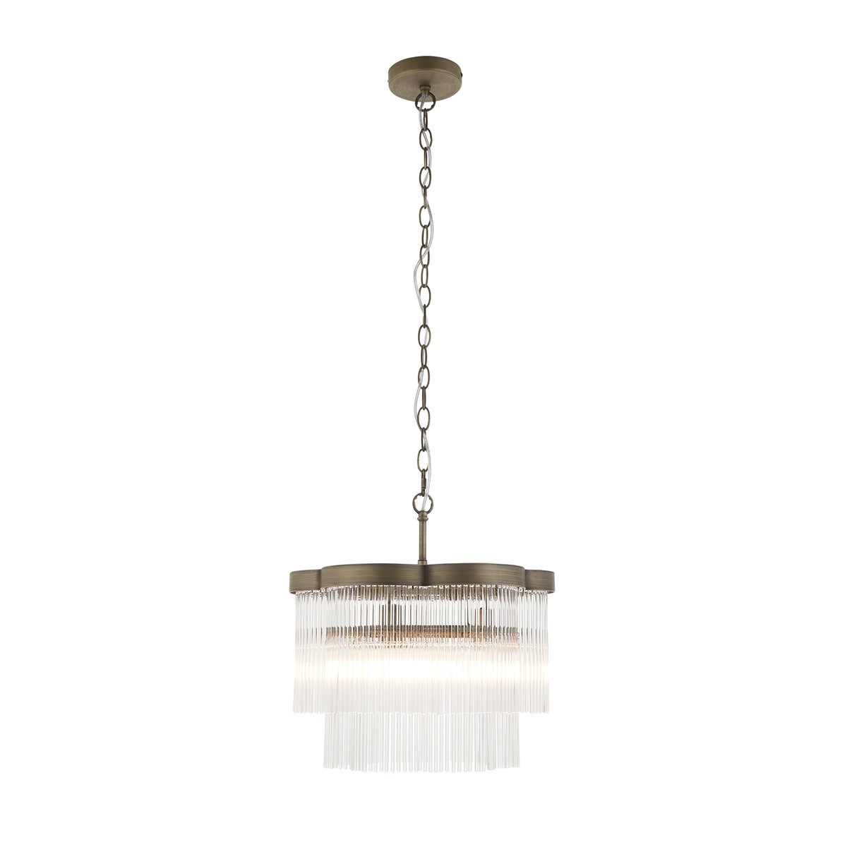 Lucille Three Lamp Pendant in Antique Brass with Decorative Clear Glass Rods