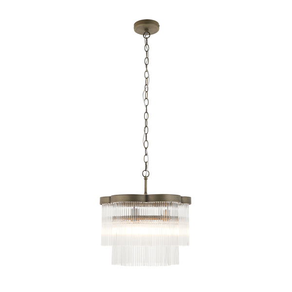 Lucille Three Lamp Pendant in Antique Brass with Decorative Clear Glass Rods