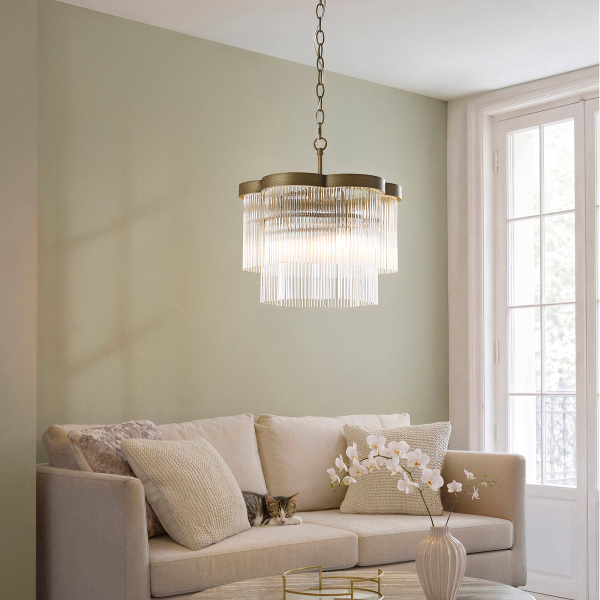 Lucille Three Lamp Pendant in Antique Brass with Decorative Clear Glass Rods