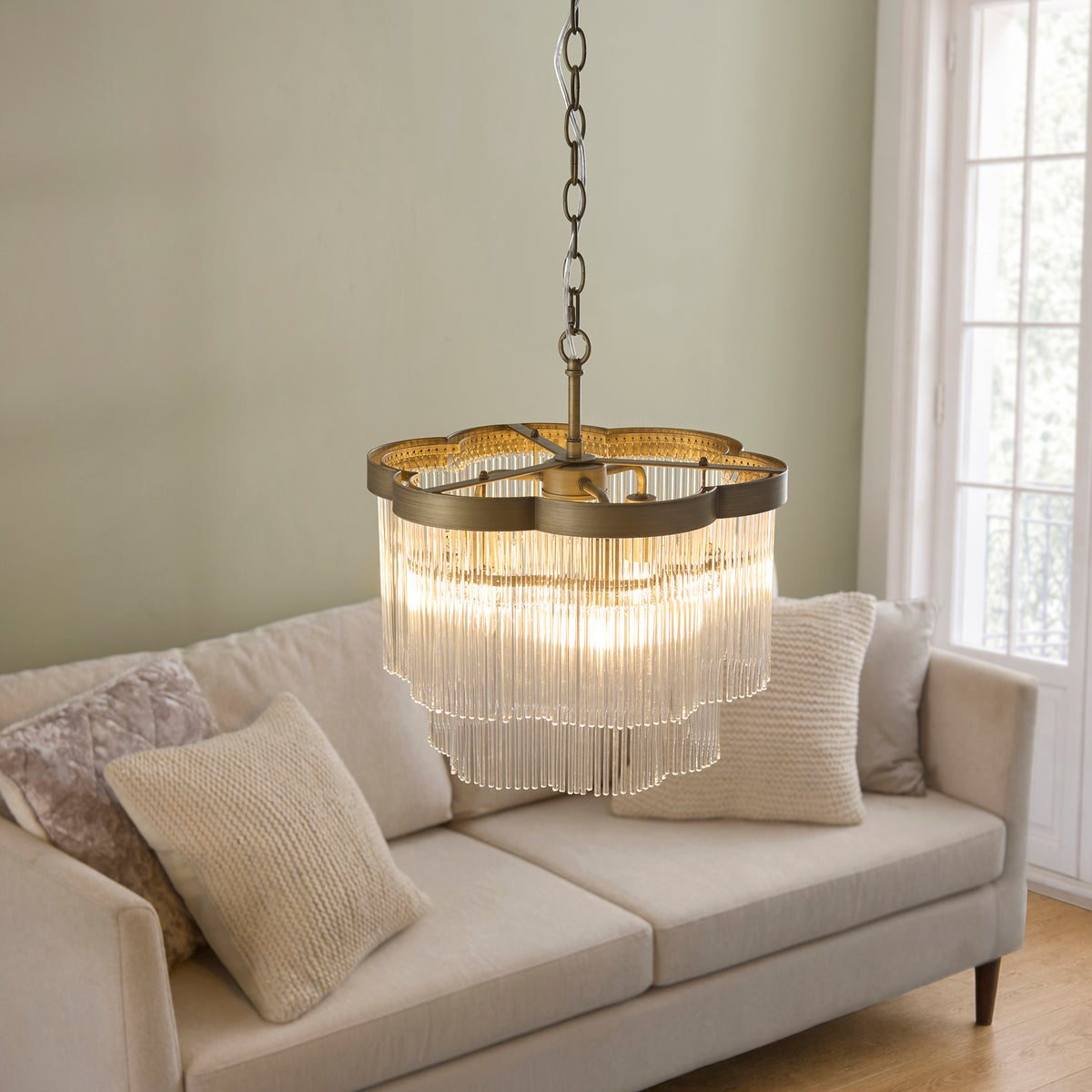 Lucille Three Lamp Pendant in Antique Brass with Decorative Clear Glass Rods
