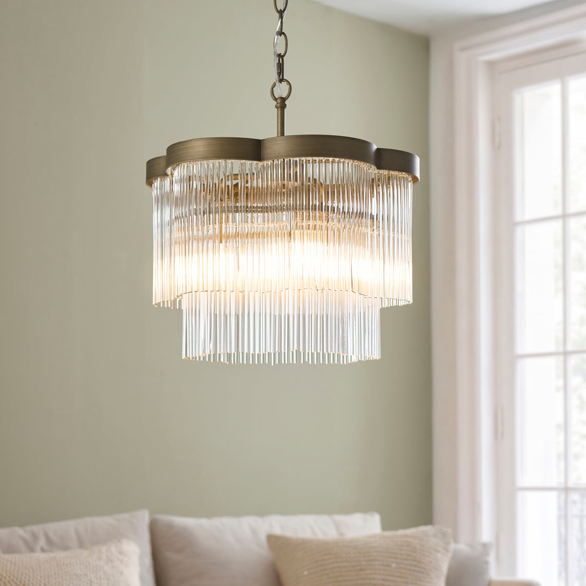 Lucille Three Lamp Pendant in Antique Brass with Decorative Clear Glass Rods