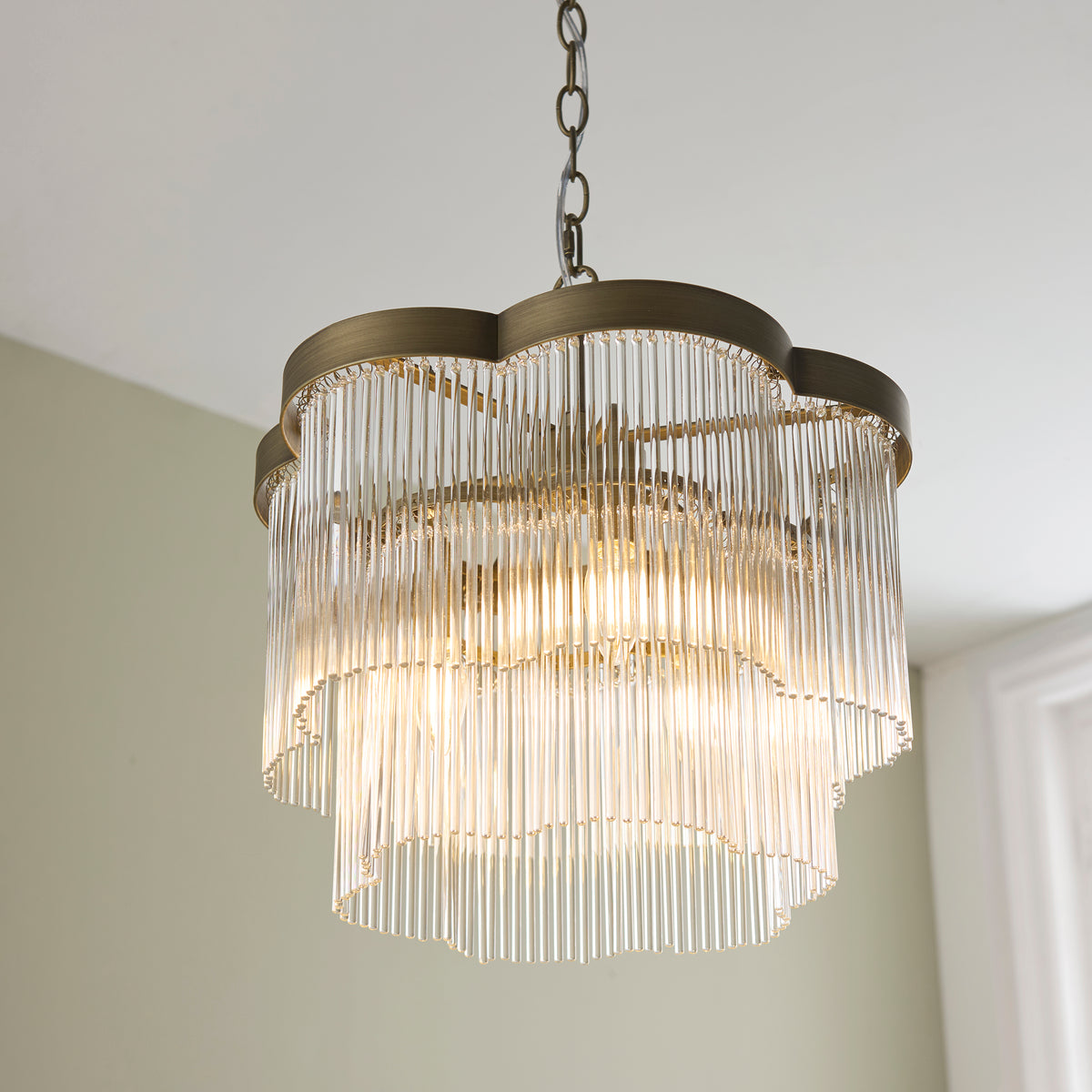 Lucille Three Lamp Pendant in Antique Brass with Decorative Clear Glass Rods