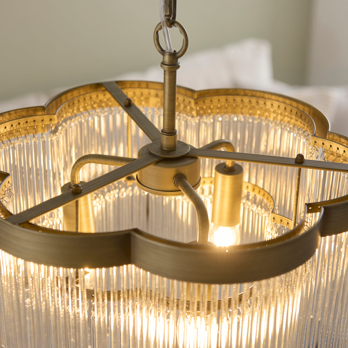 Lucille Three Lamp Pendant in Antique Brass with Decorative Clear Glass Rods