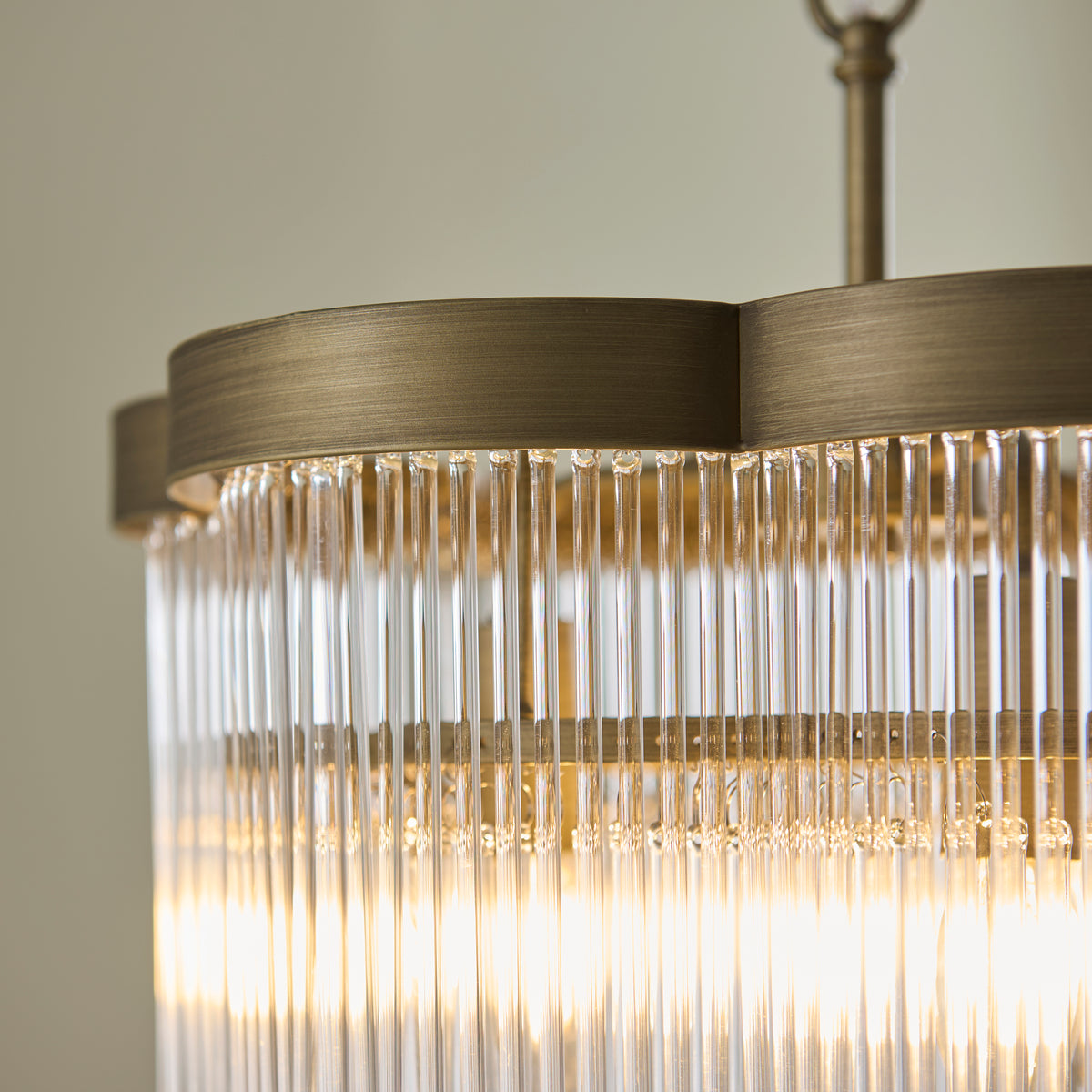 Lucille Three Lamp Pendant in Antique Brass with Decorative Clear Glass Rods