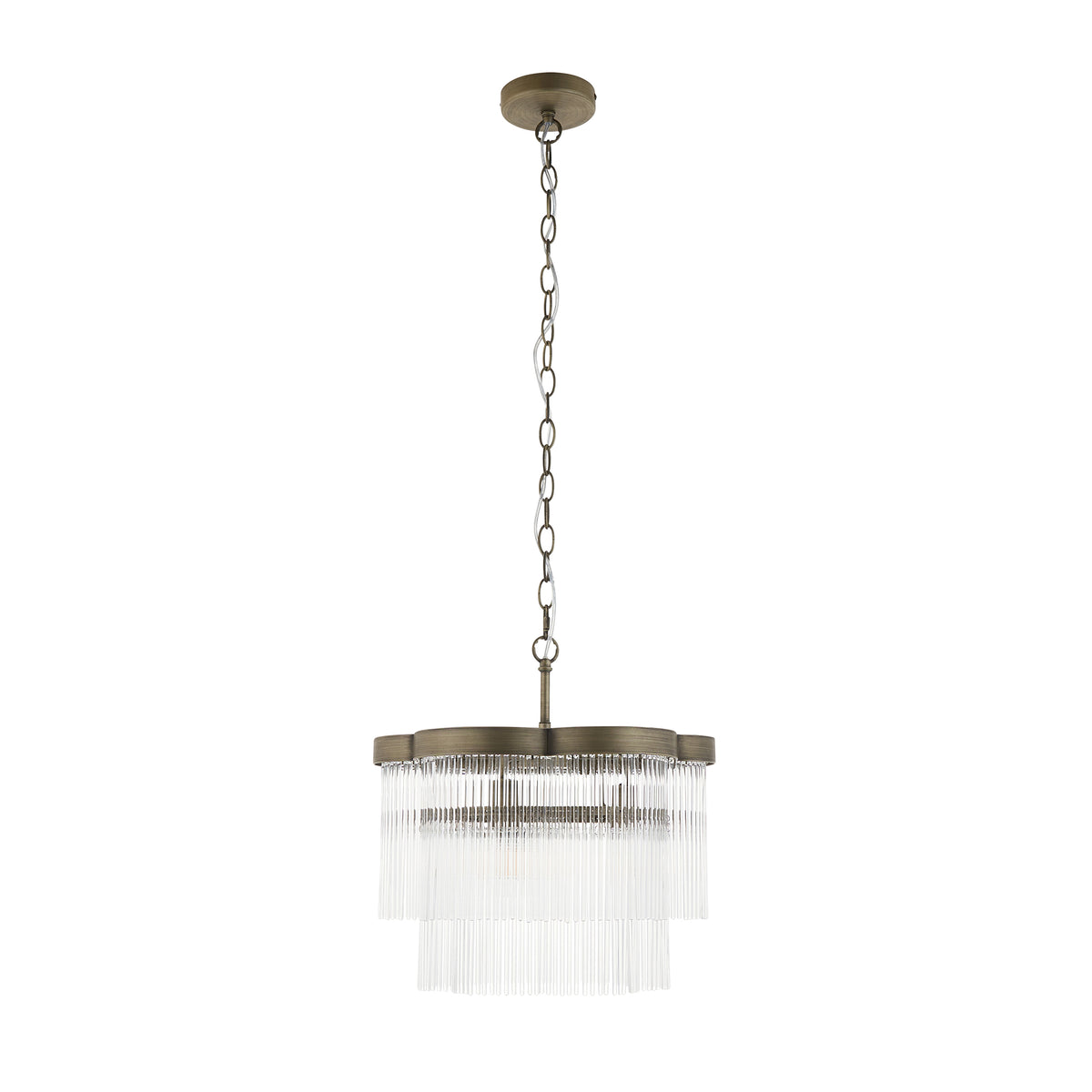 Lucille Three Lamp Pendant in Antique Brass with Decorative Clear Glass Rods