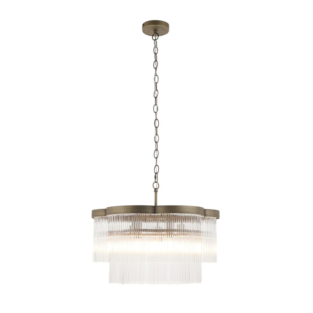Lucille Five Lamp Pendant in Antique Brass with Decorative Clear Glass Rods