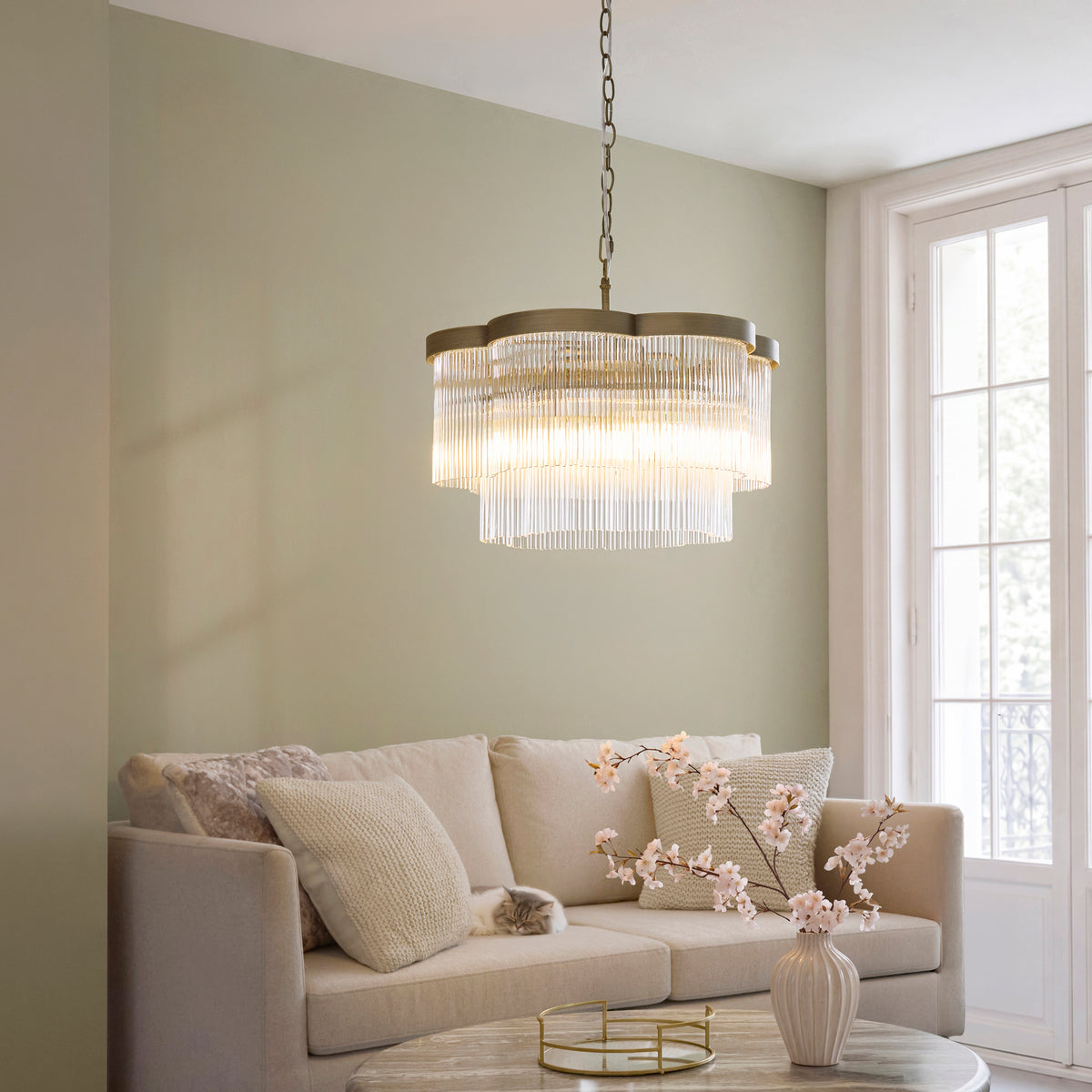 Lucille Five Lamp Pendant in Antique Brass with Decorative Clear Glass Rods