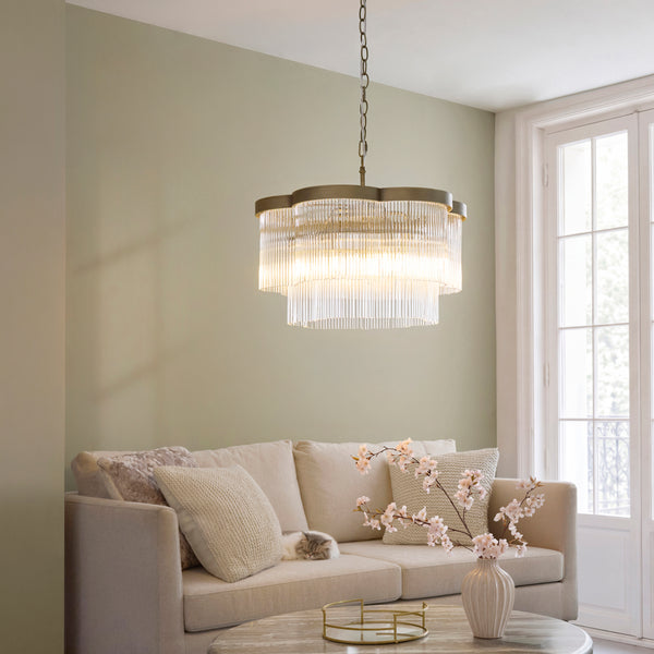 Lucille Five Lamp Pendant in Antique Brass with Decorative Clear Glass Rods