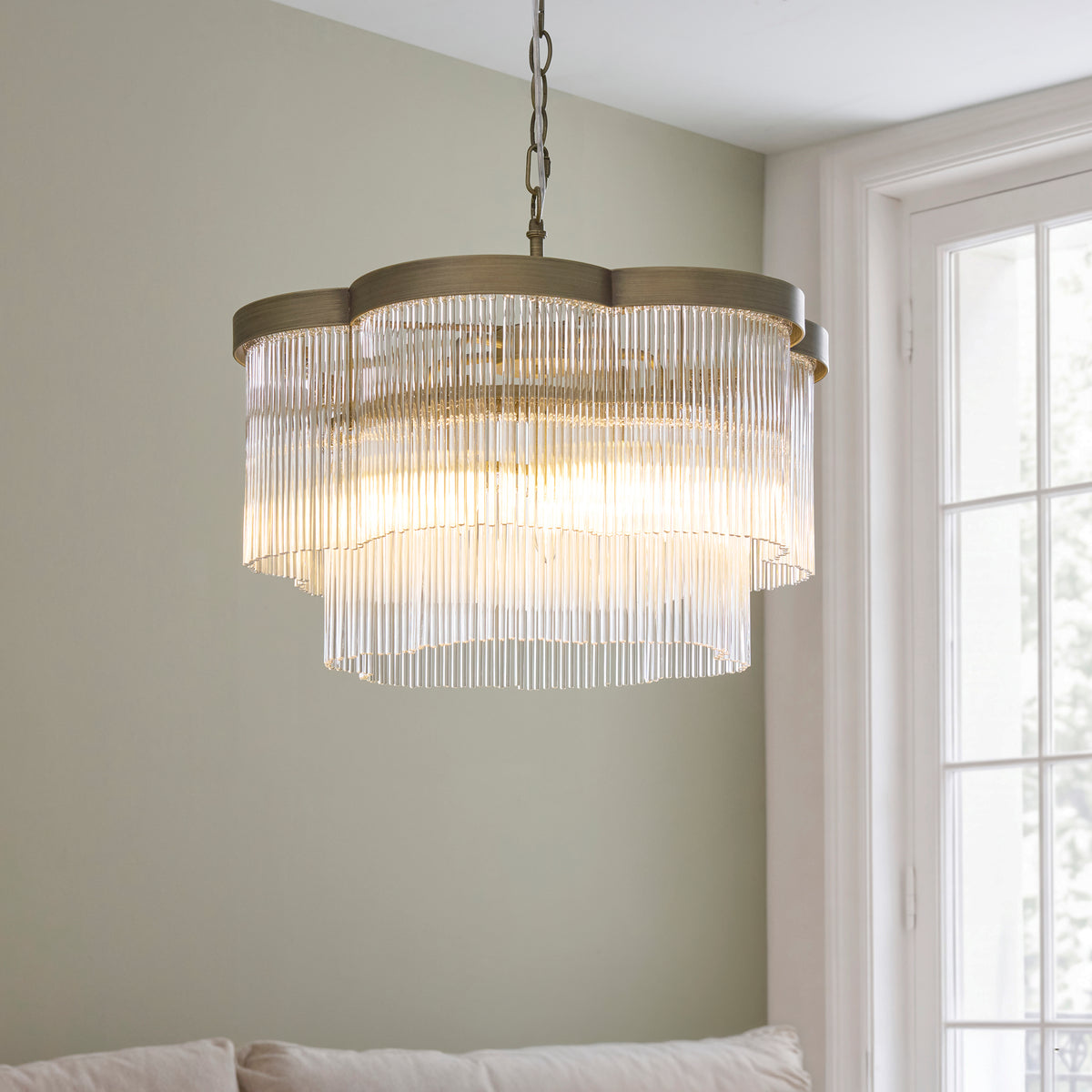Lucille Five Lamp Pendant in Antique Brass with Decorative Clear Glass Rods