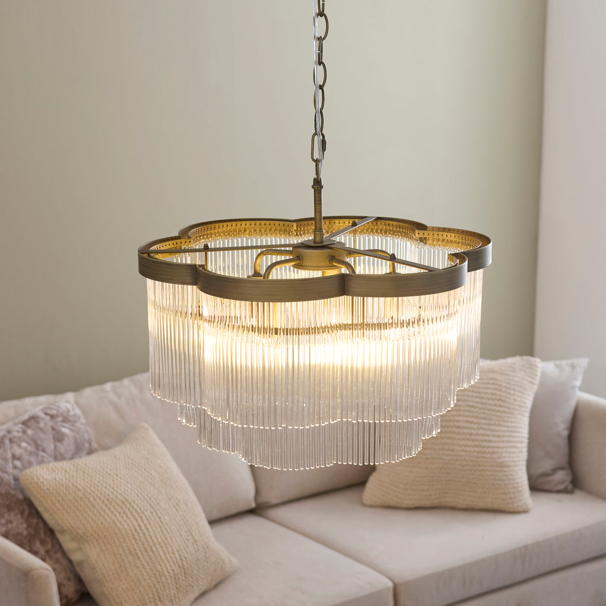 Lucille Five Lamp Pendant in Antique Brass with Decorative Clear Glass Rods
