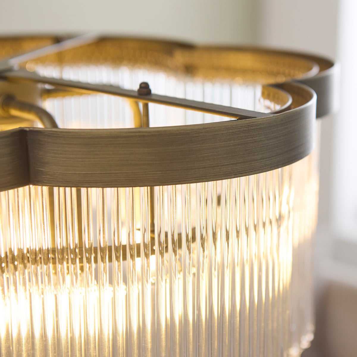 Lucille Five Lamp Pendant in Antique Brass with Decorative Clear Glass Rods
