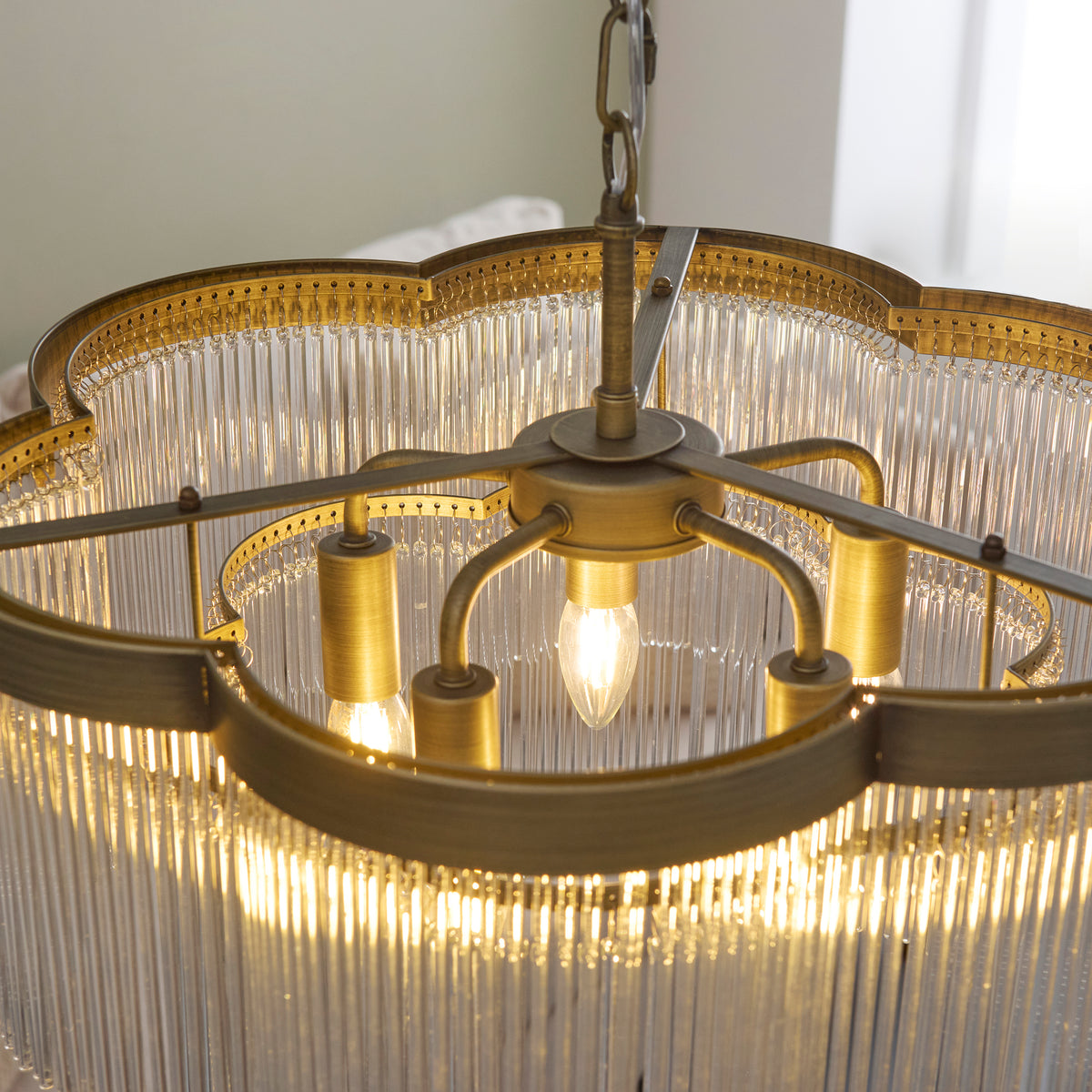 Lucille Five Lamp Pendant in Antique Brass with Decorative Clear Glass Rods