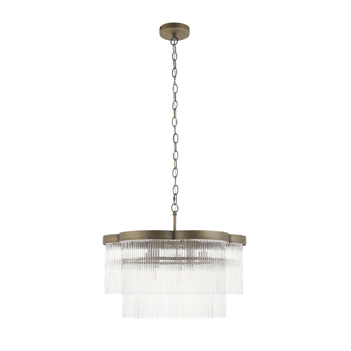 Lucille Five Lamp Pendant in Antique Brass with Decorative Clear Glass Rods