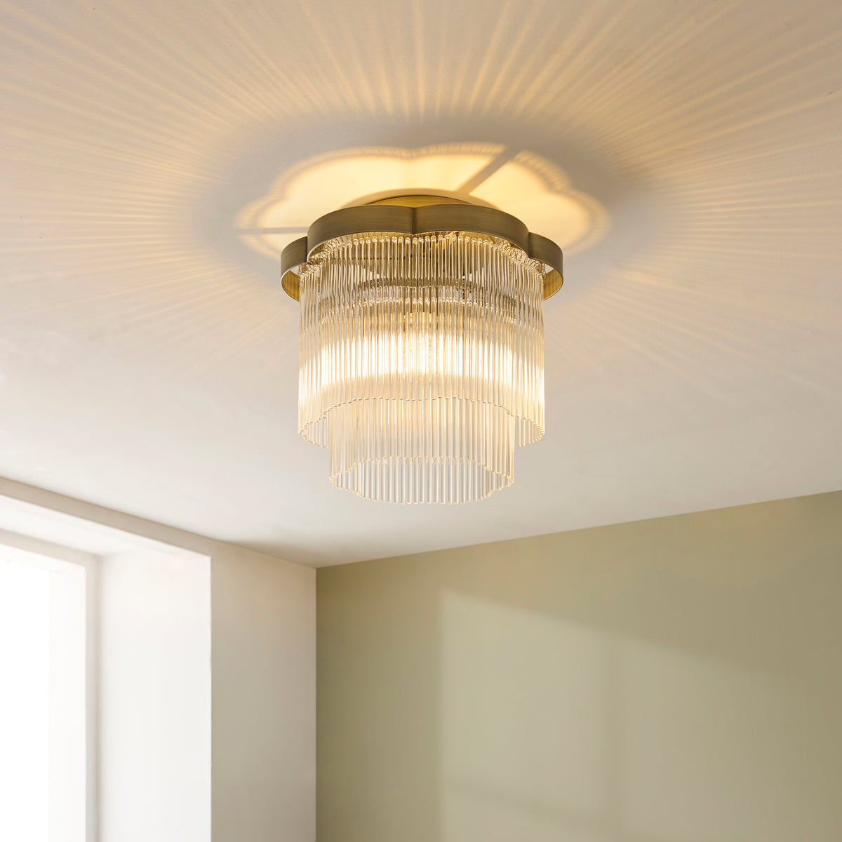 Lucille Flush Ceiling Light in Antique Brass with Decorative Clear Glass Rods