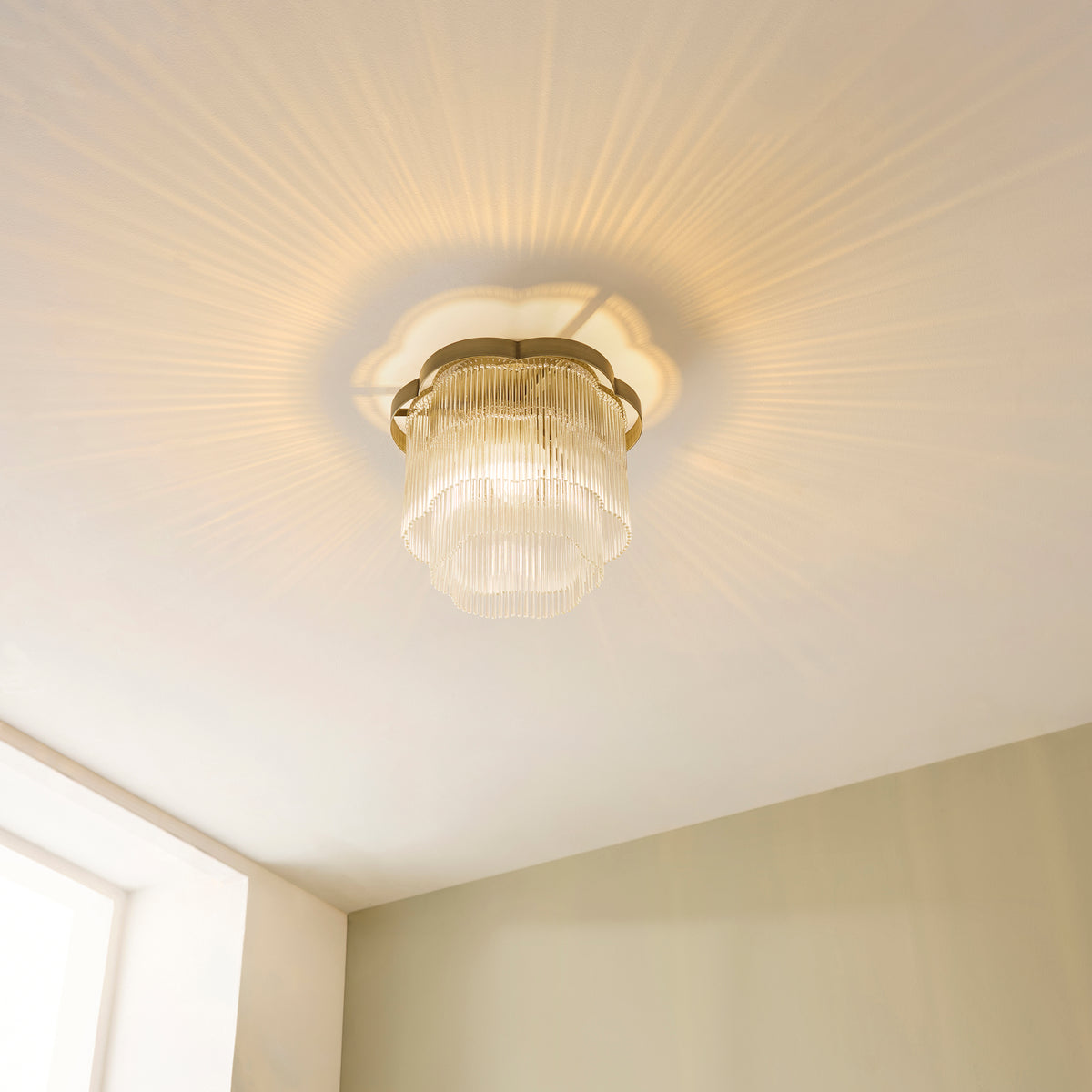 Lucille Flush Ceiling Light in Antique Brass with Decorative Clear Glass Rods
