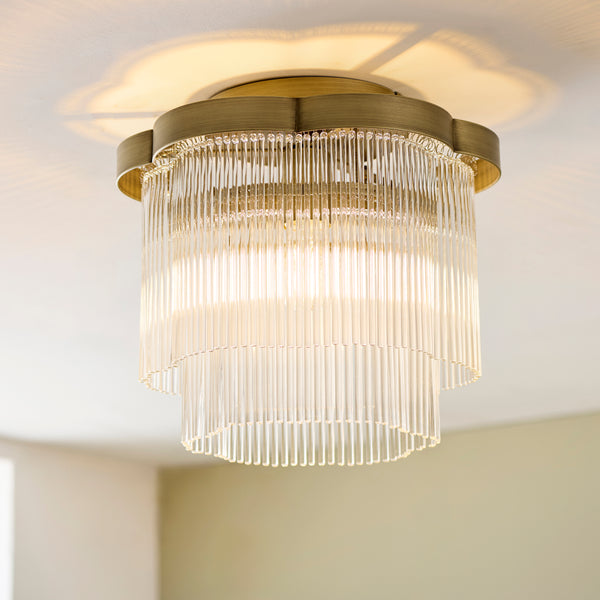 Lucille Flush Ceiling Light in Antique Brass with Decorative Clear Glass Rods