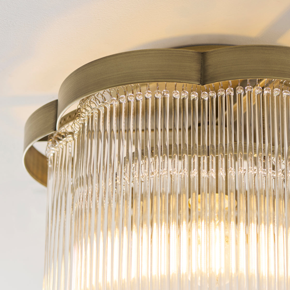 Lucille Flush Ceiling Light in Antique Brass with Decorative Clear Glass Rods