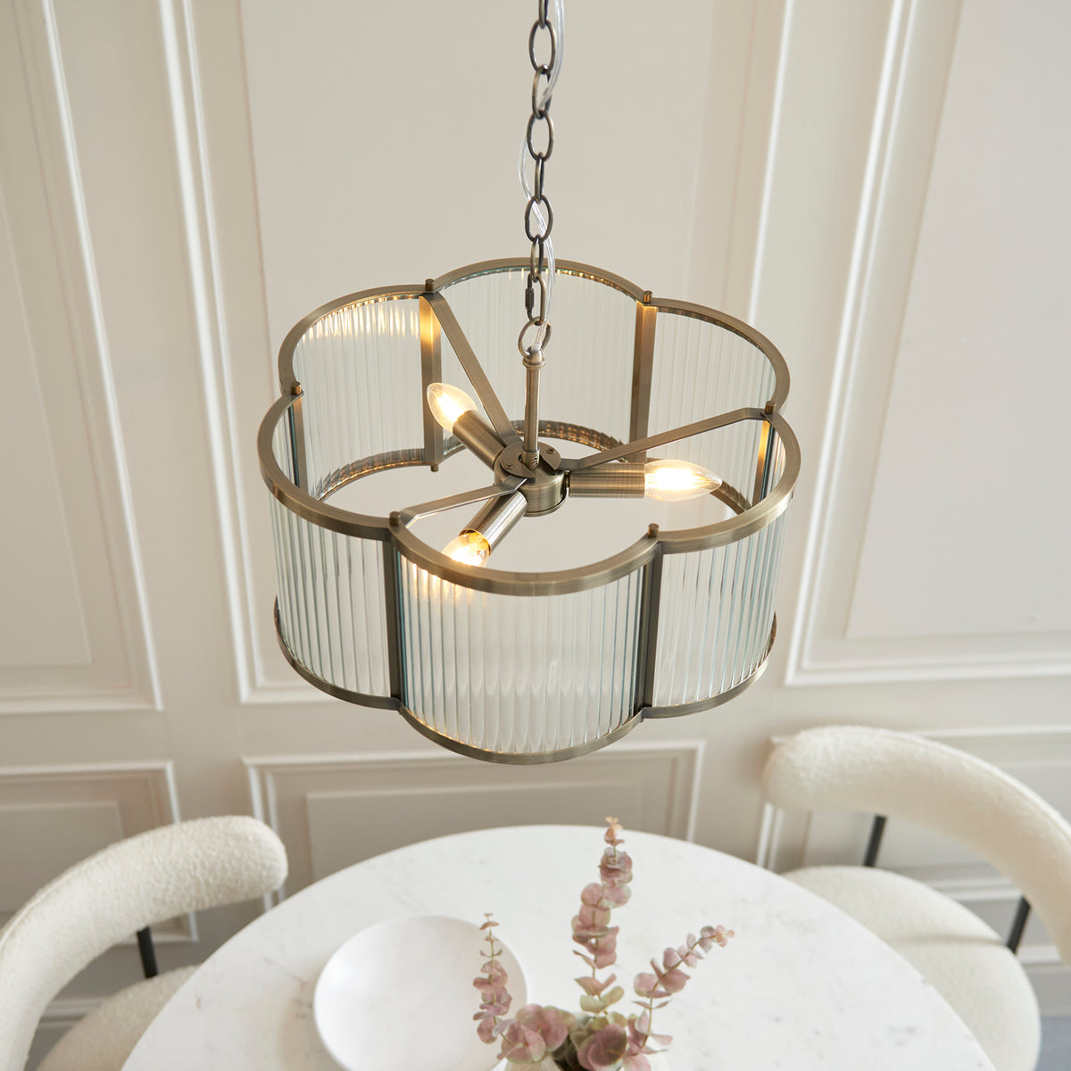 Ridgeton Scallop Pendant Light in Antique Brass & Clear Ribbed Glass