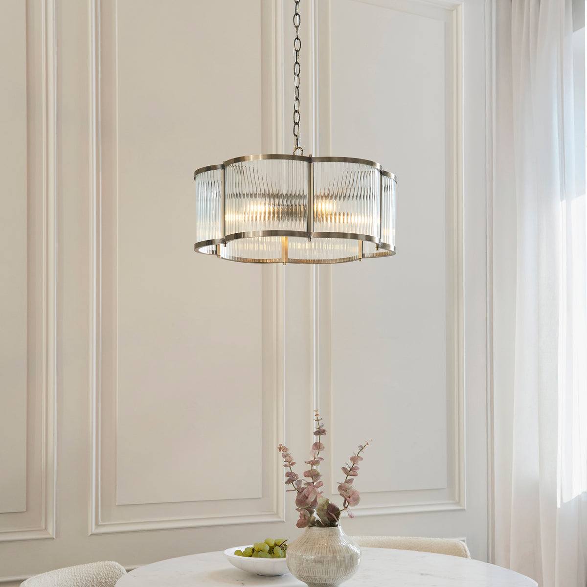 Ridgeton Scallop Large Pendant Light in Antique Brass & Clear Ribbed Glass
