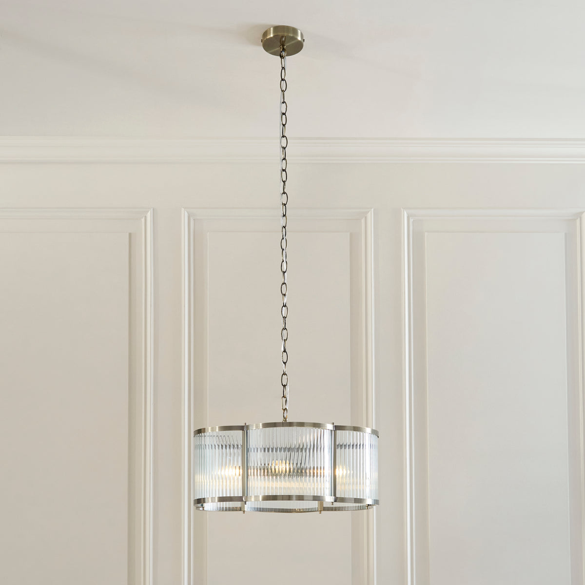 Ridgeton Scallop Large Pendant Light in Antique Brass & Clear Ribbed Glass